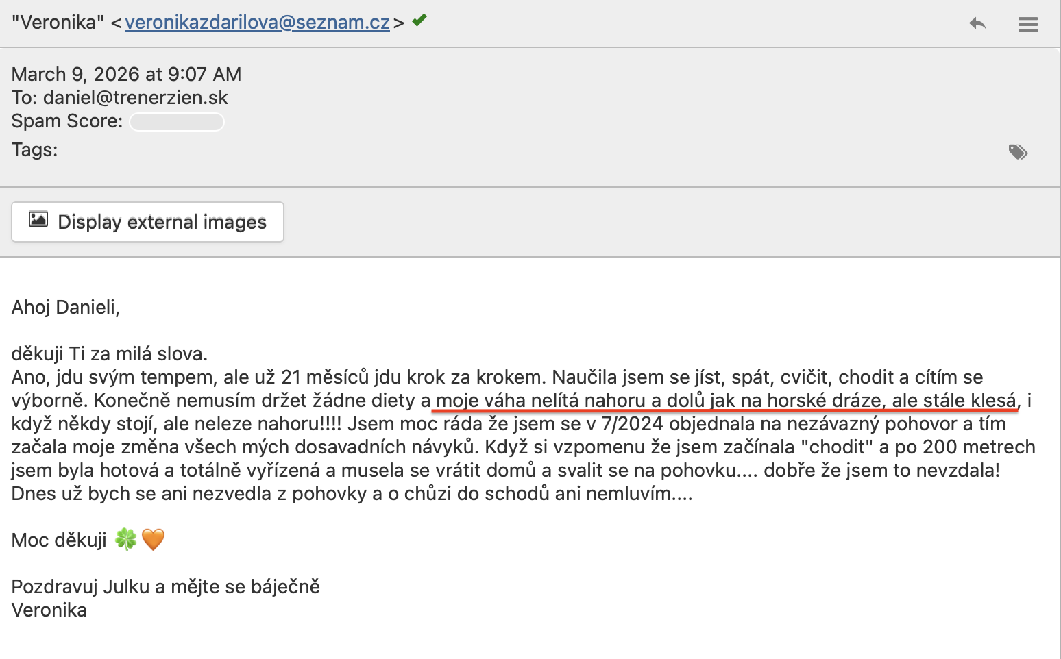 Referencia klientky Veronika Zdarilová — originálny screenshot správy