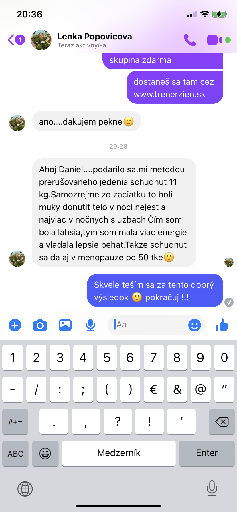 Referencia klientky Lenka Popovicová — originálny screenshot správy