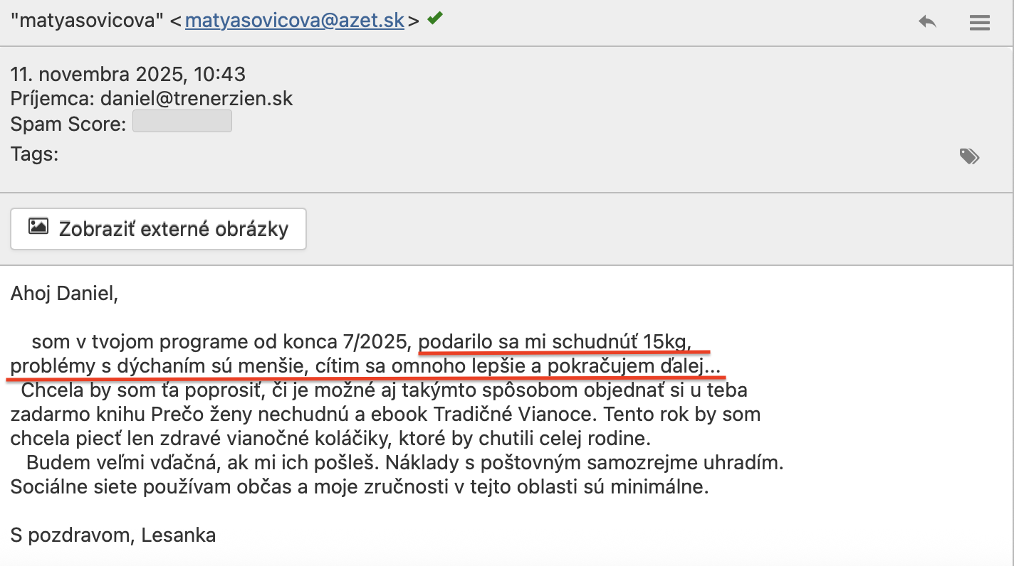 Referencia klientky Lesanka Matyasovicová — originálny screenshot správy
