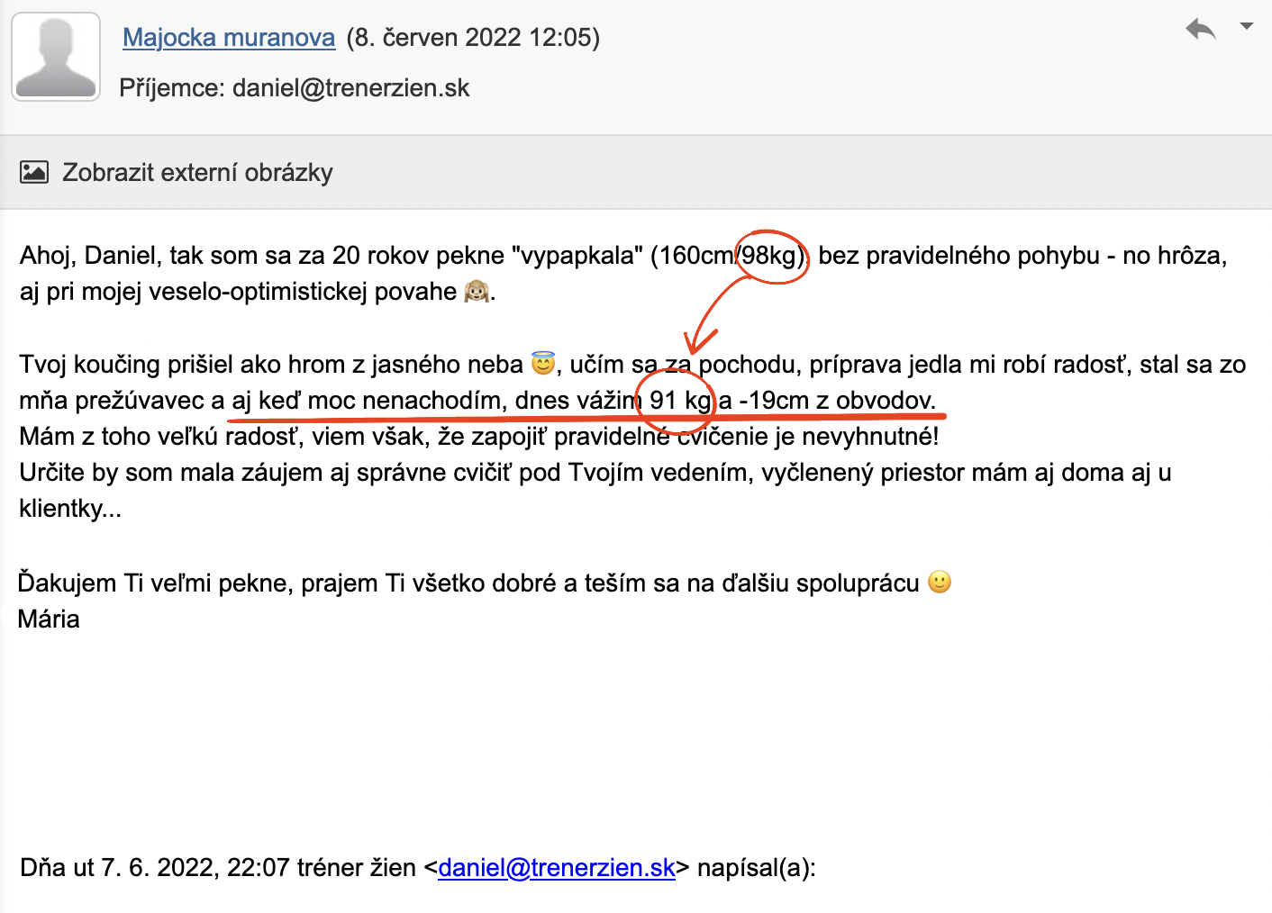 Referencia klientky Mária Muranová — originálny screenshot správy