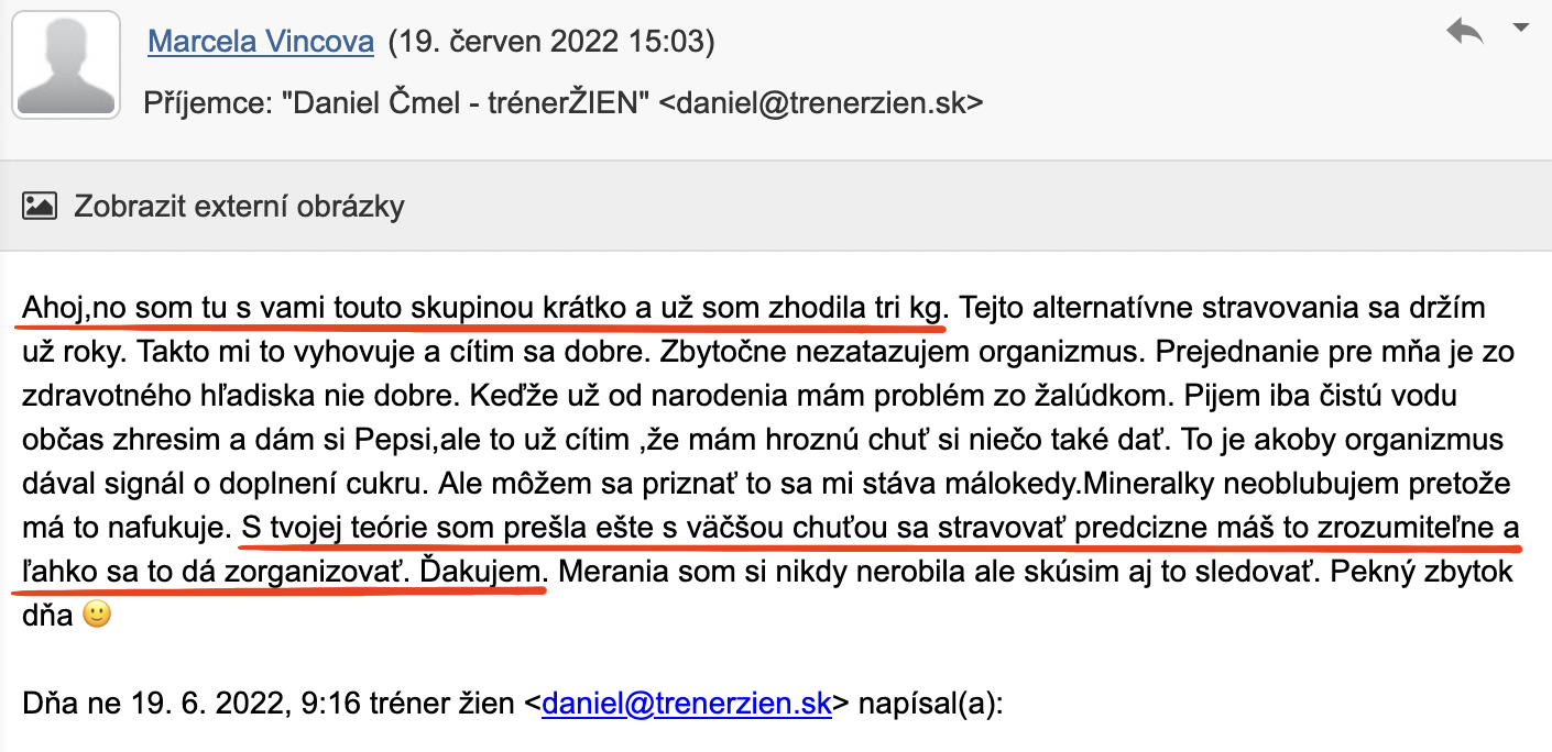 Referencia klientky Marcela Vincová — originálny screenshot správy