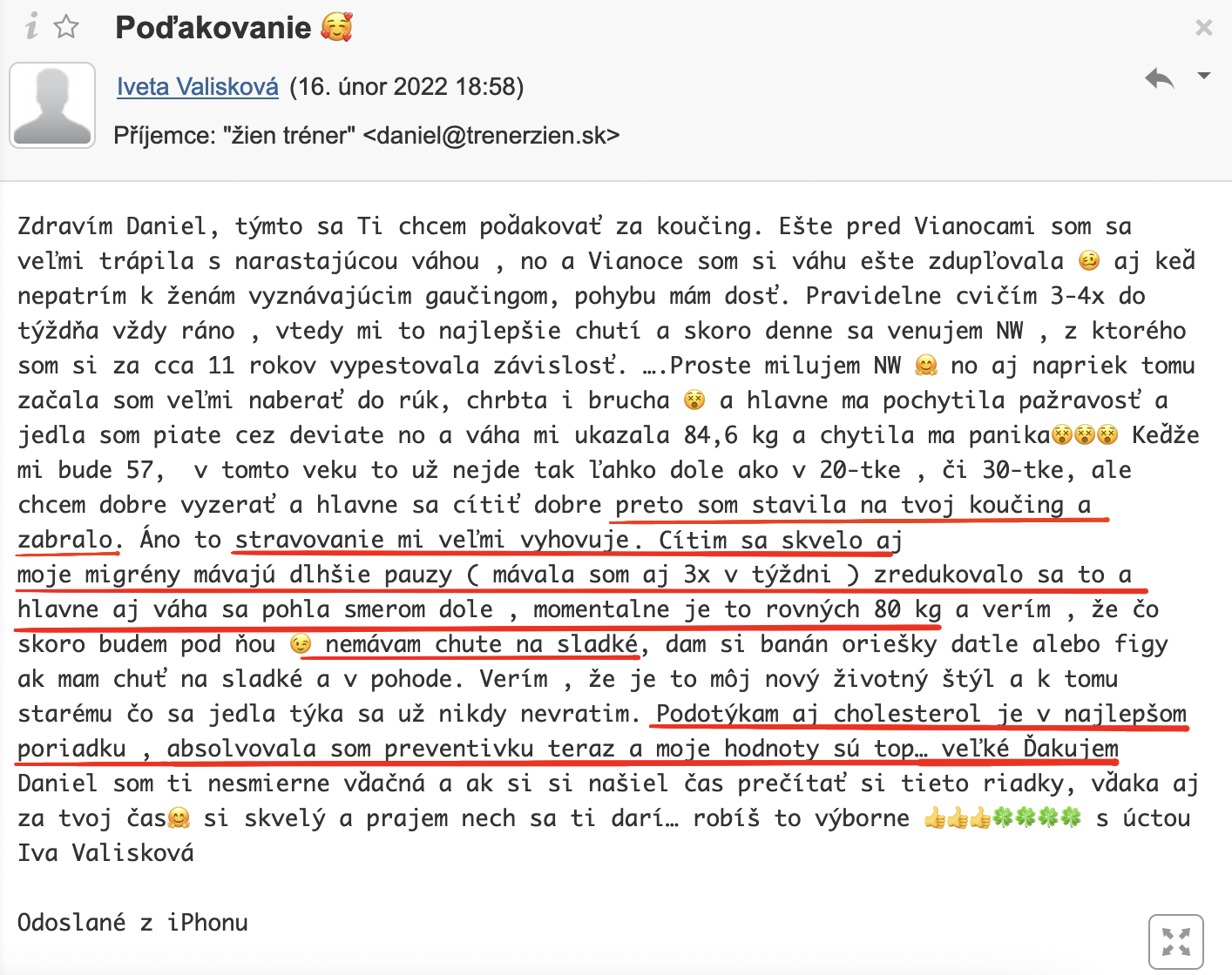 Referencia klientky Iveta Valisková — originálny screenshot správy