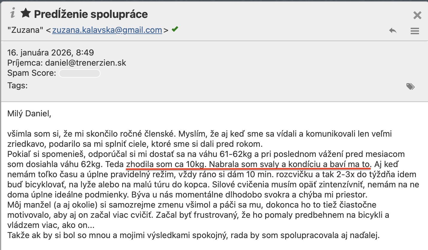 Referencia klientky Zuzana Kalavská — originálny screenshot správy