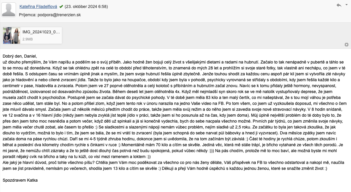 Referencia klientky Kateřina Filadelfiová — originálny screenshot správy