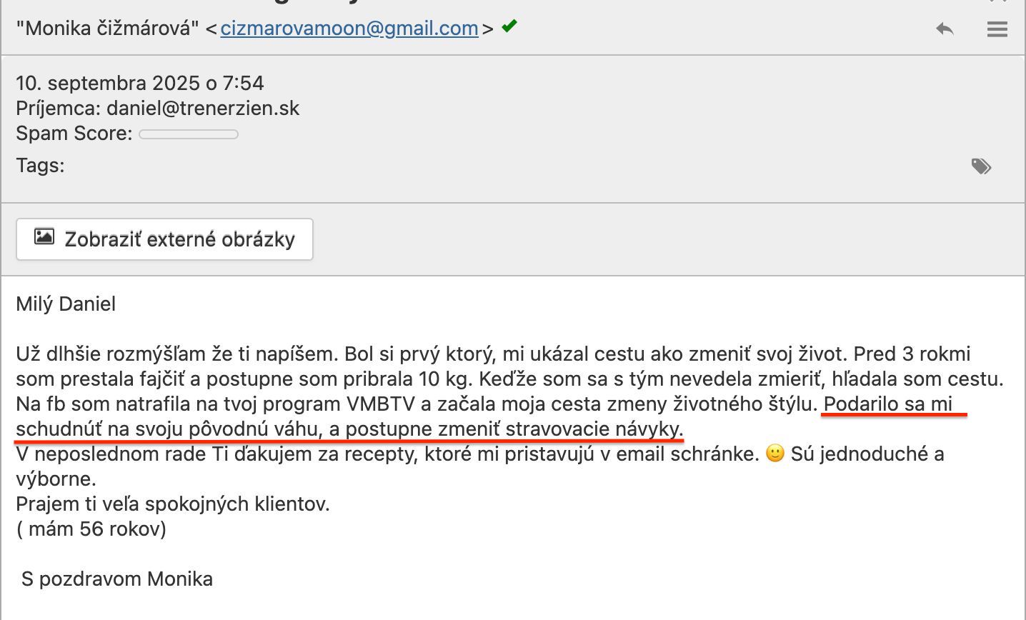 Referencia klientky Monika Čižmárová — originálny screenshot správy