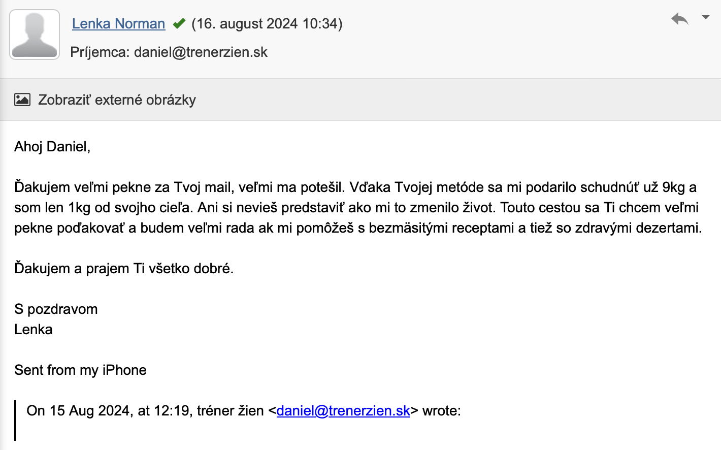 Referencia klientky Lenka Norman — originálny screenshot správy