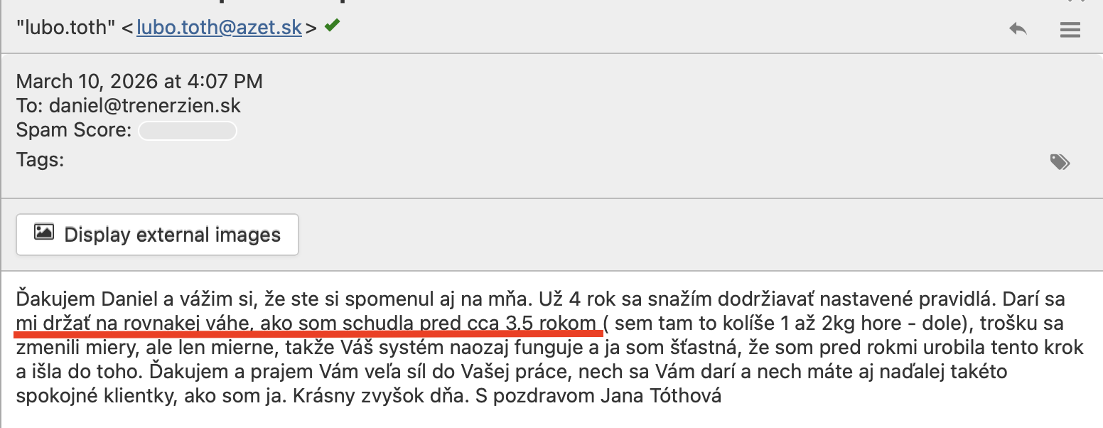Referencia klientky Jana Tóthová — originálny screenshot správy