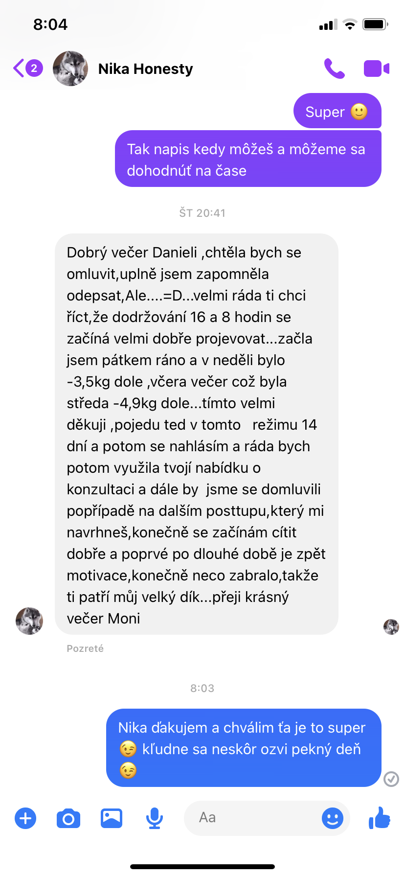Referencia klientky Monika — originálny screenshot správy