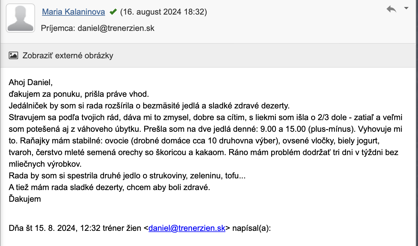 Referencia klientky Mária Kalaninová — originálny screenshot správy