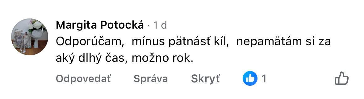 Referencia klientky Margita Potocká — originálny screenshot správy