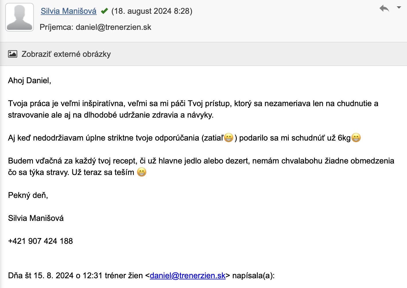 Referencia klientky Silvia Manišová — originálny screenshot správy