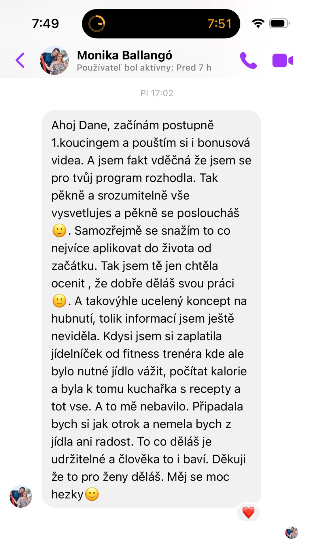 Referencia klientky Monika Ballangó — originálny screenshot správy