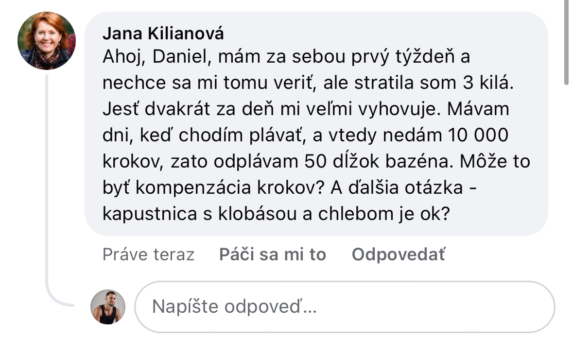 Referencia klientky Jana Kilianová — originálny screenshot správy