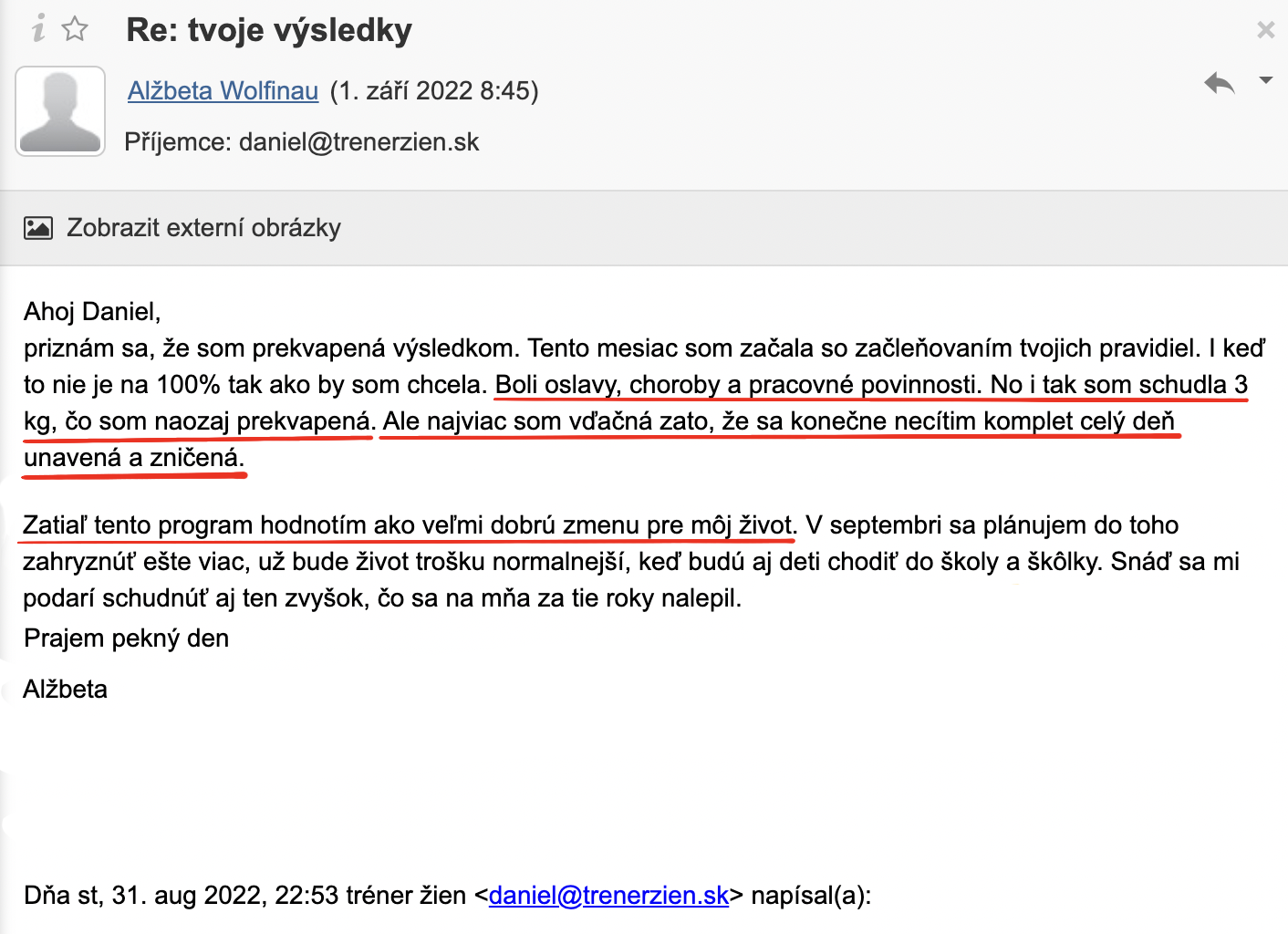 Referencia klientky Alžbeta Wolfinau — originálny screenshot správy