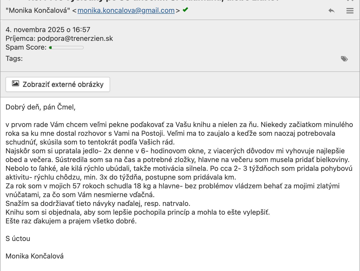 Referencia klientky Monika Končalová — originálny screenshot správy