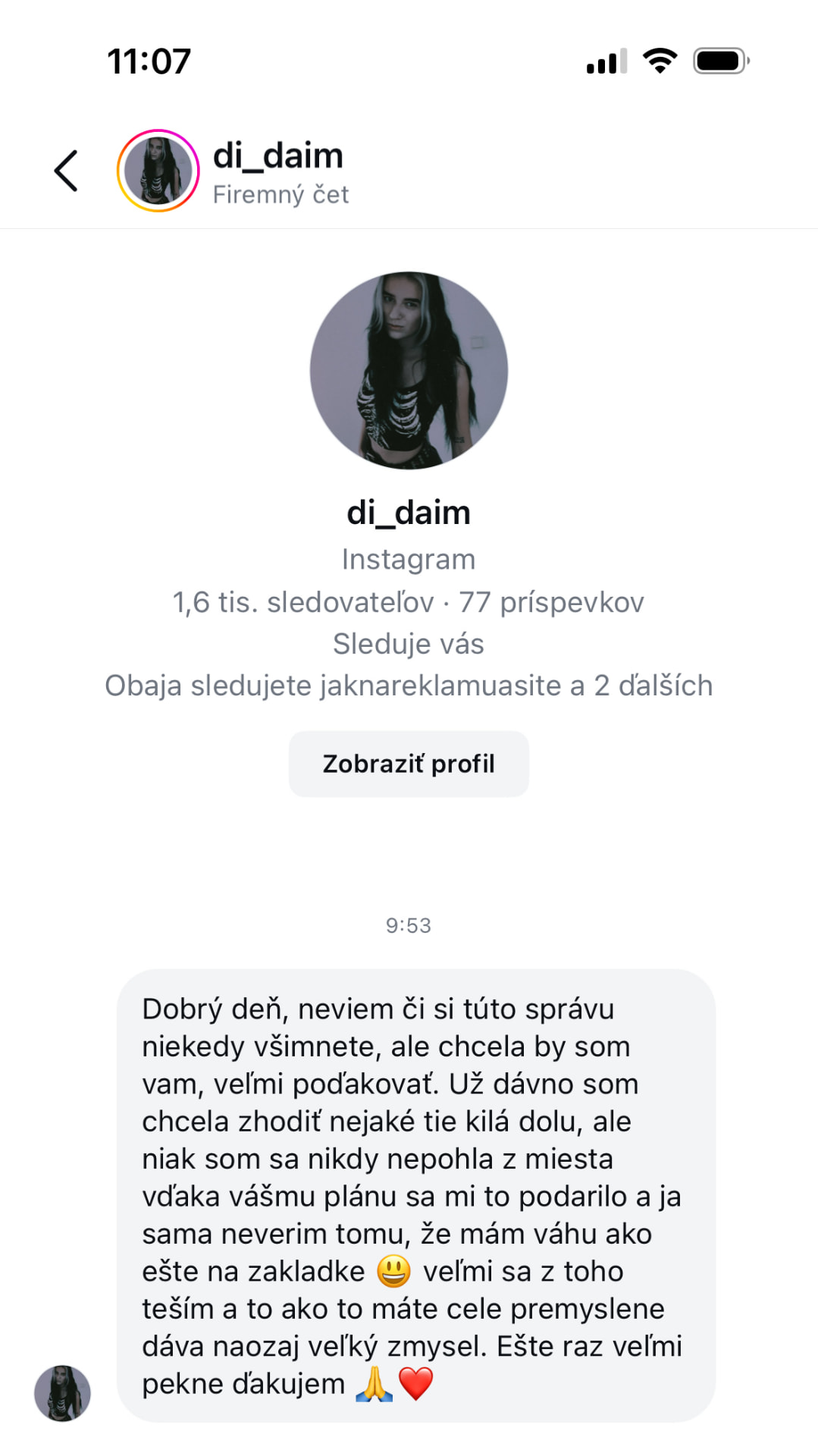Referencia klientky Diana — originálny screenshot správy