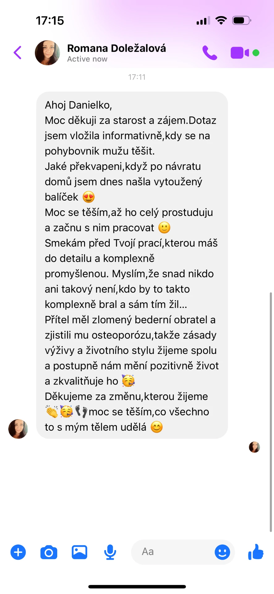 Referencia klientky Romana Doležalová — originálny screenshot správy