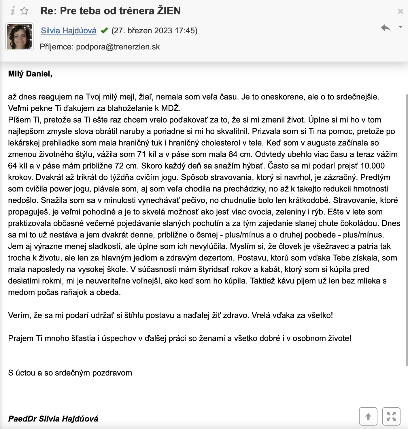 Referencia klientky Silvia Hajdúová — originálny screenshot správy