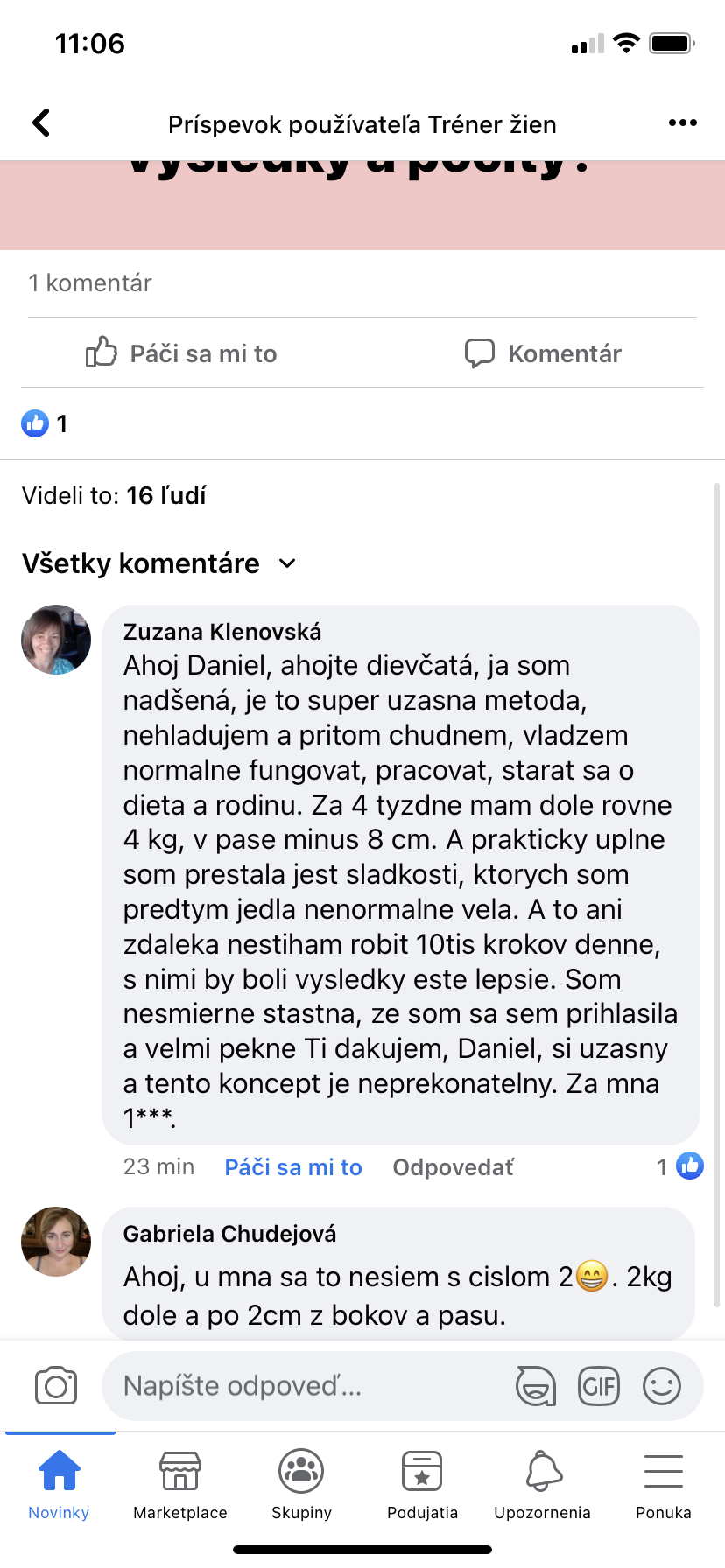 Referencia klientky Zuzana Klenovská — originálny screenshot správy