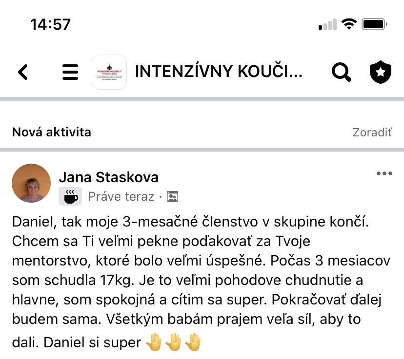 Referencia klientky Jana Stašková — originálny screenshot správy
