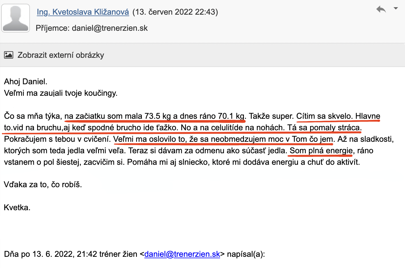 Referencia klientky Kvetoslava Kližanová — originálny screenshot správy