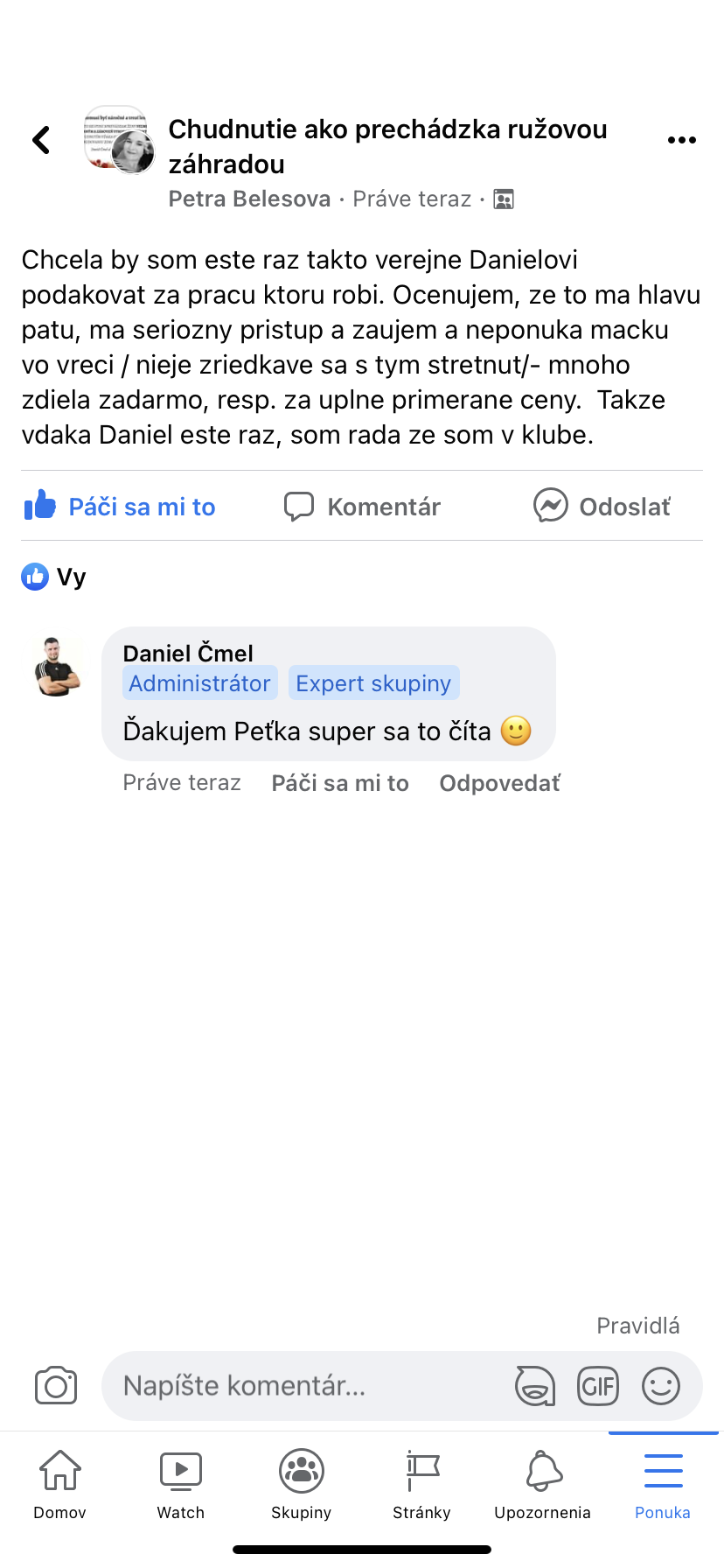 Referencia klientky Petra Belesová — originálny screenshot správy
