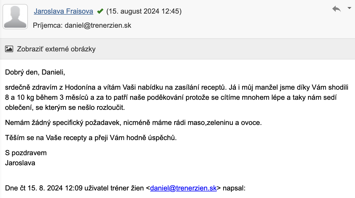 Referencia klientky Jaroslava Fraisová — originálny screenshot správy