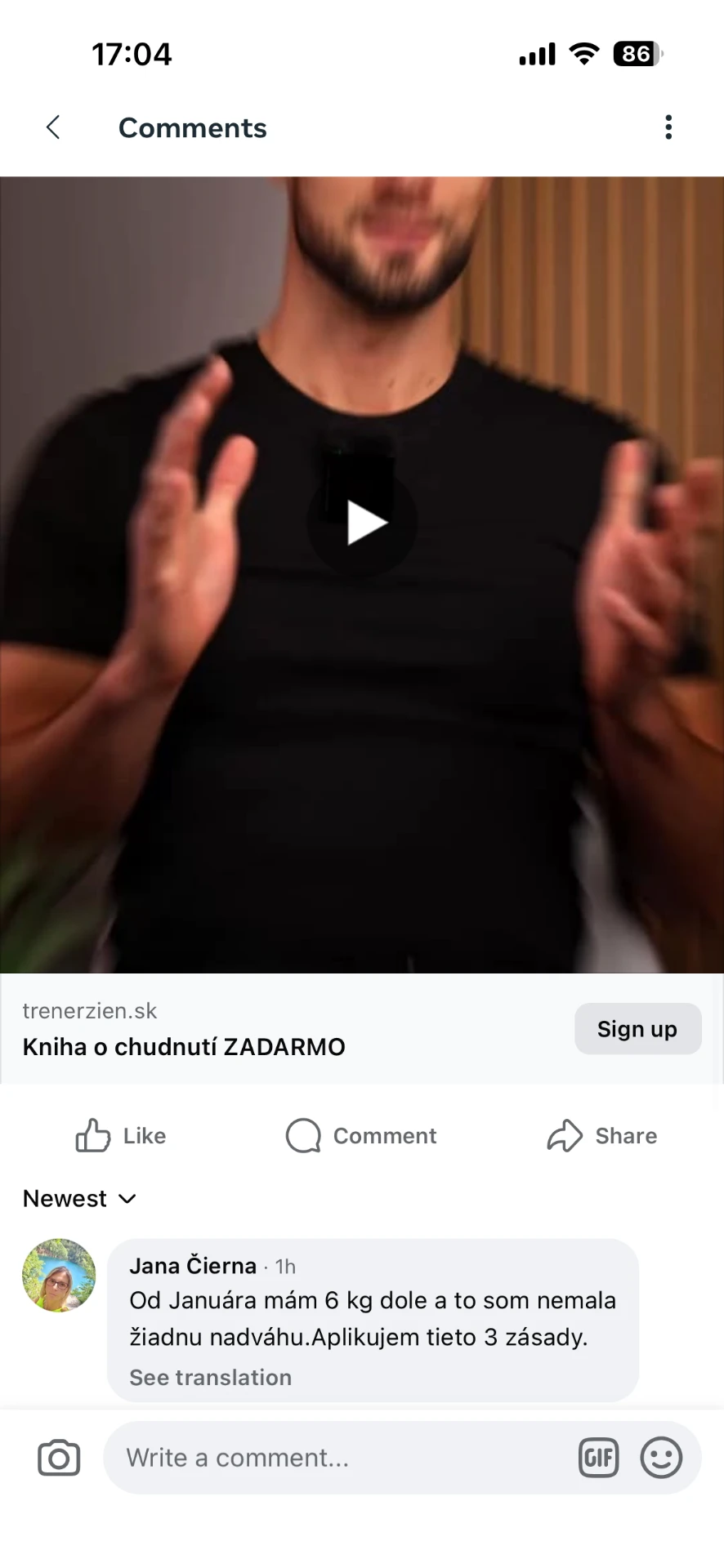 Referencia klientky Jana Čierna — originálny screenshot správy