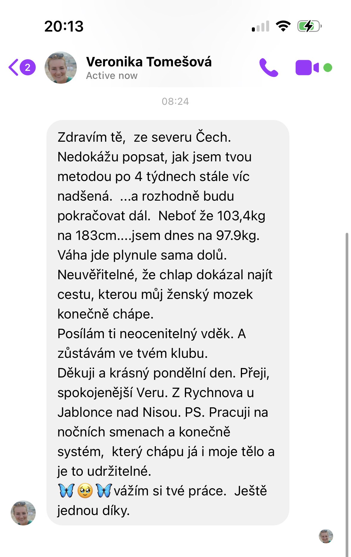Referencia klientky Veronika Tomešová — originálny screenshot správy