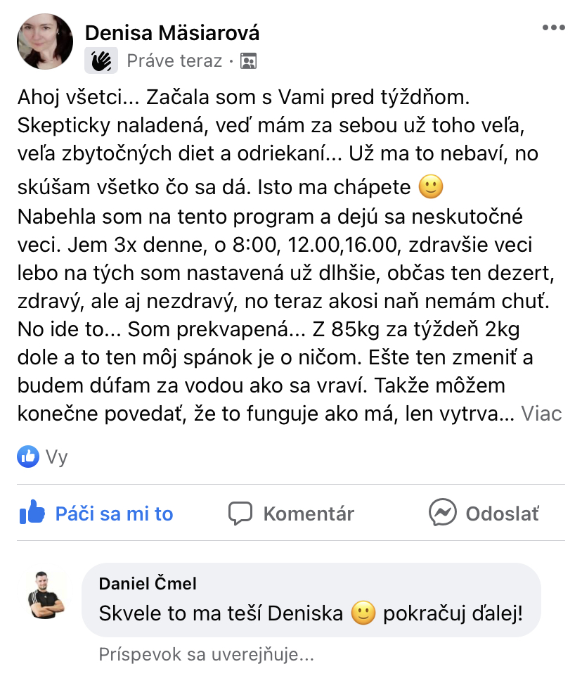 Referencia klientky Denisa Mäsiarová — originálny screenshot správy