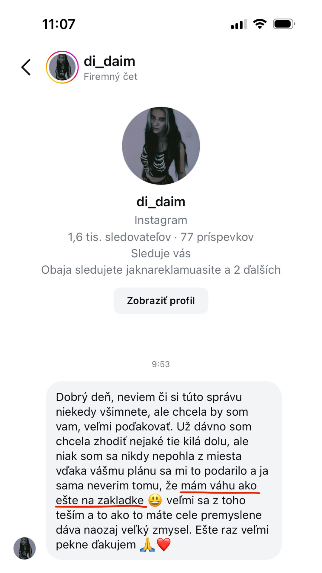 Referencia klientky Klientka z Instagramu — originálny screenshot správy
