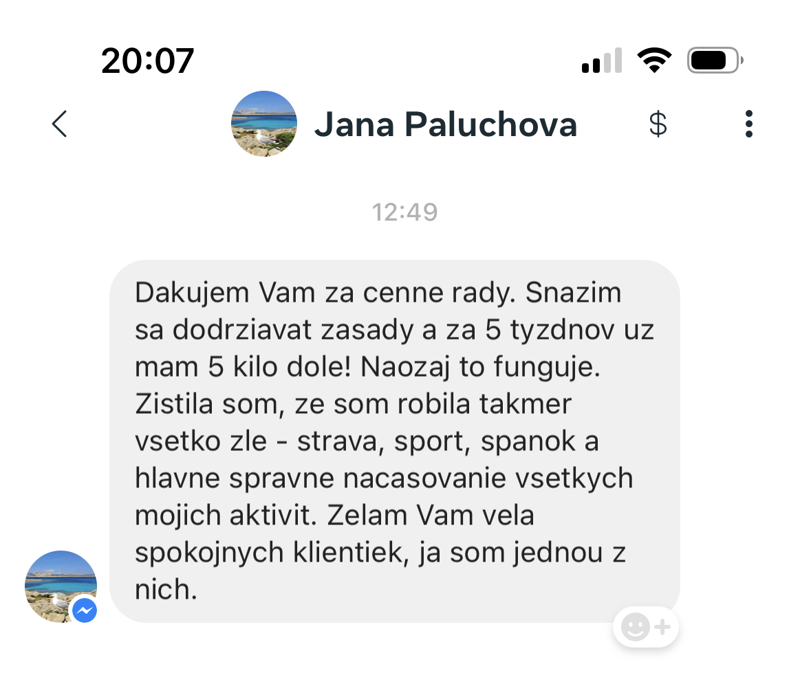 Referencia klientky Jana Paluchová — originálny screenshot správy