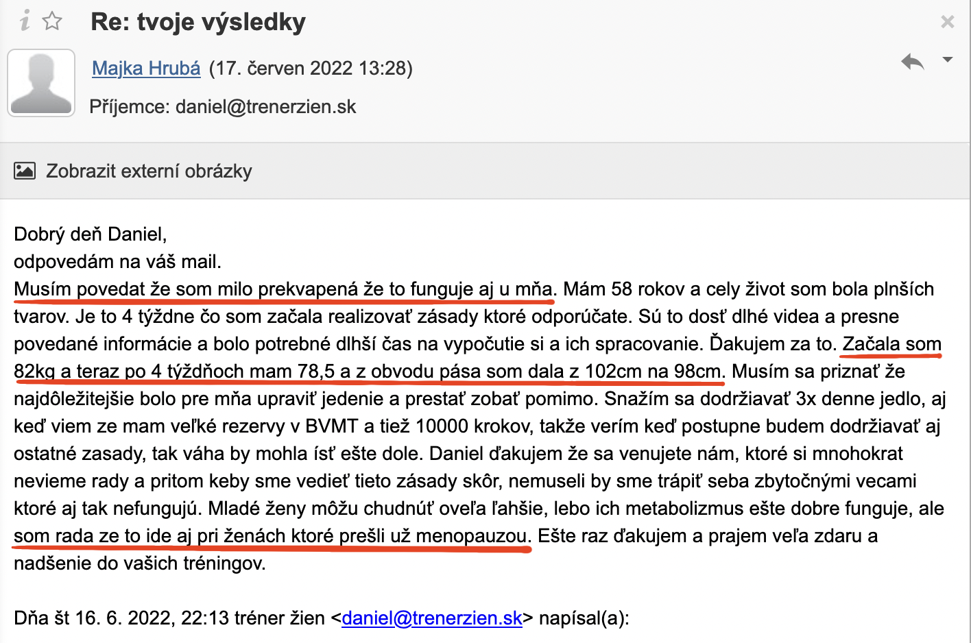 Referencia klientky Majka Hrubá — originálny screenshot správy