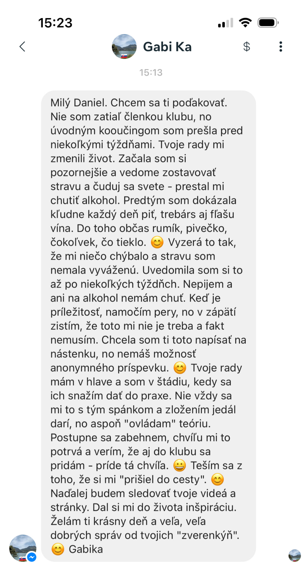 Referencia klientky Gabika K. — originálny screenshot správy