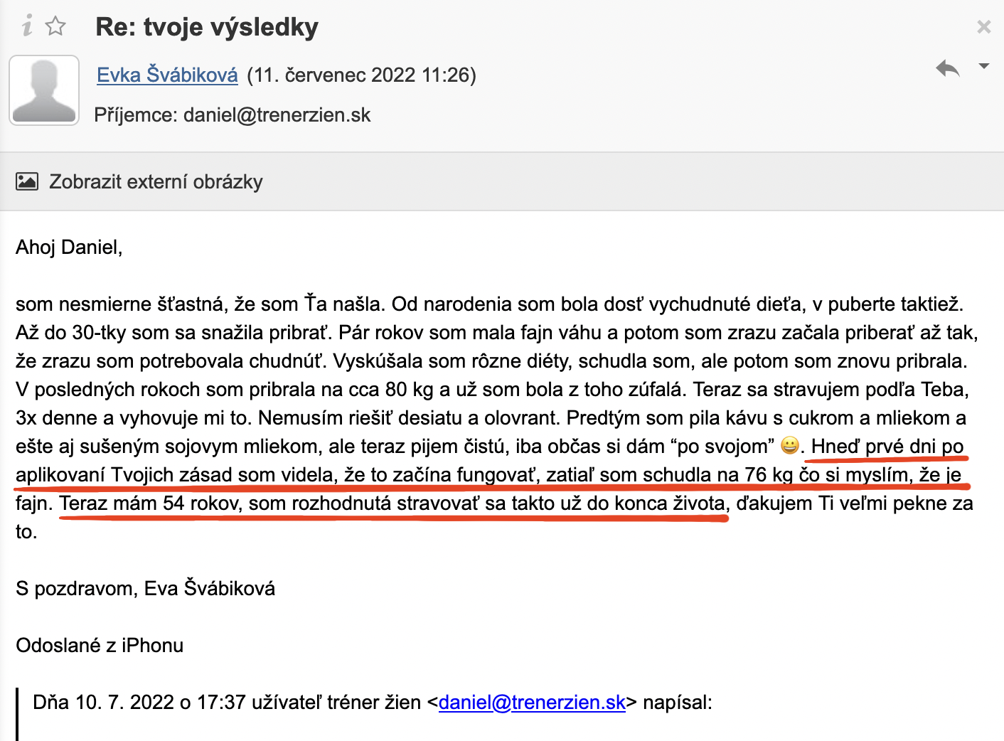Referencia klientky Eva Švábiková — originálny screenshot správy