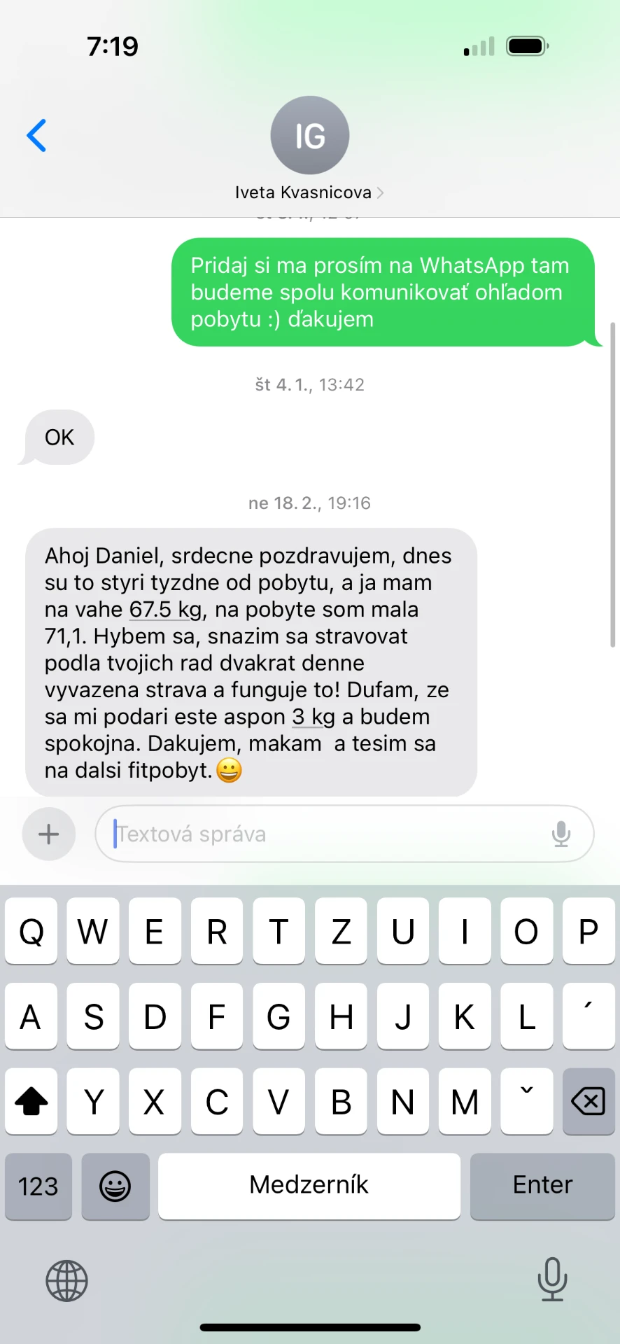 Referencia klientky Iveta Kvasnicová — originálny screenshot správy