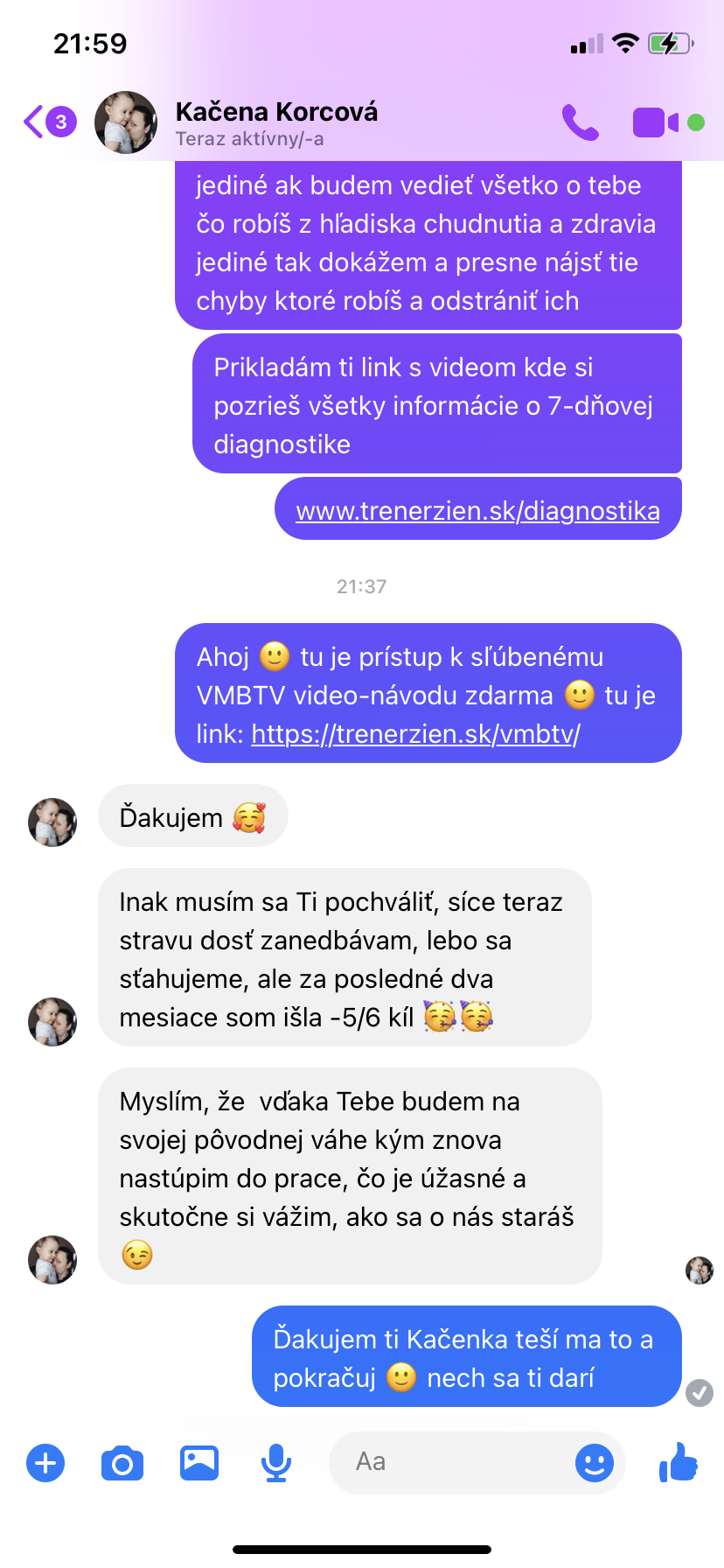 Referencia klientky Kačena Korcová — originálny screenshot správy