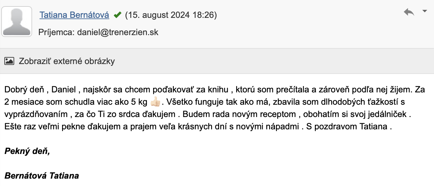 Referencia klientky Tatiana Bernátová — originálny screenshot správy