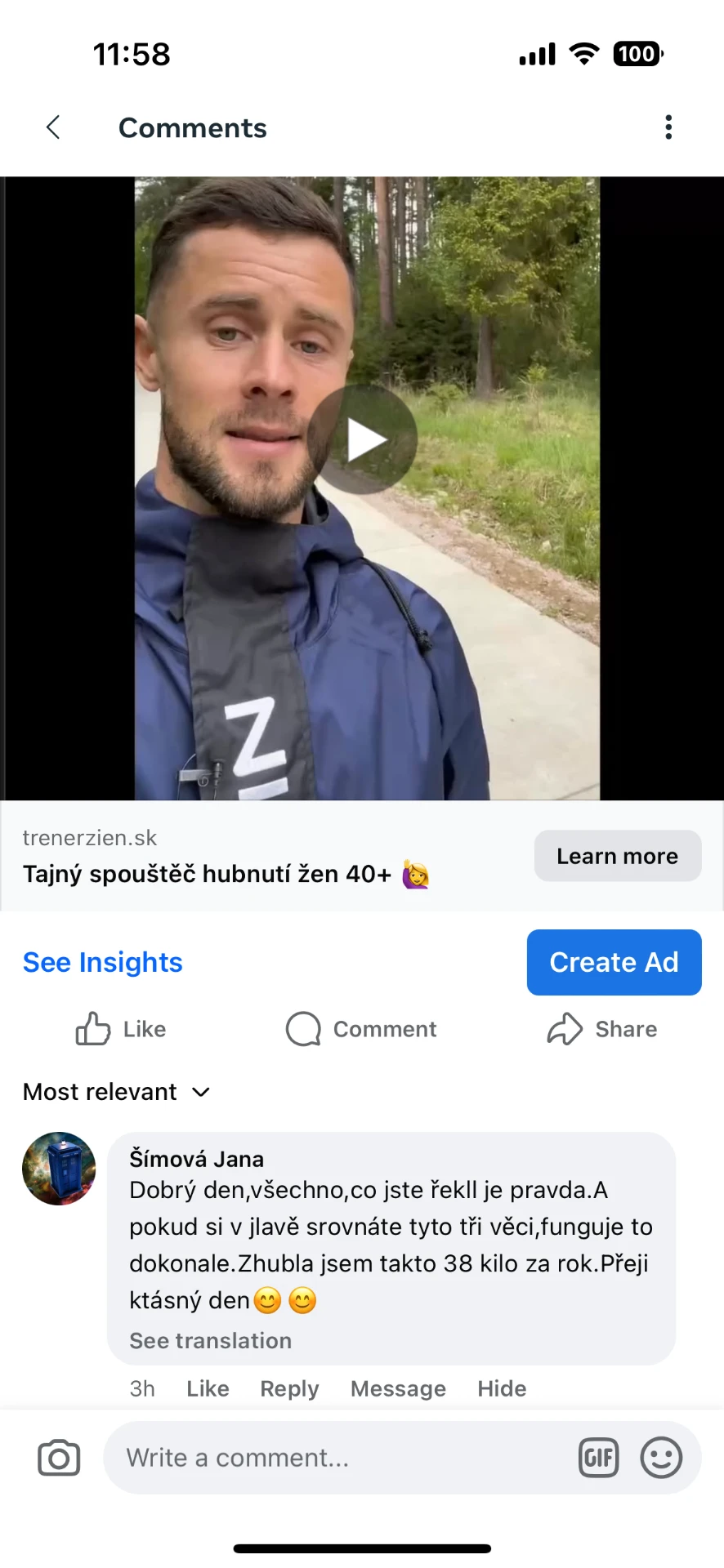 Referencia klientky Jana Šímová — originálny screenshot správy