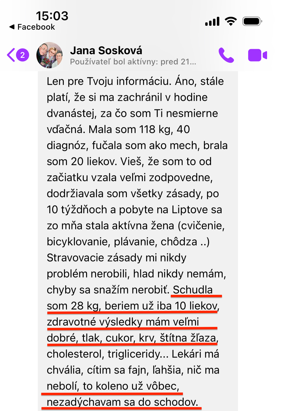 Referencia klientky Jana Sosková — originálny screenshot správy