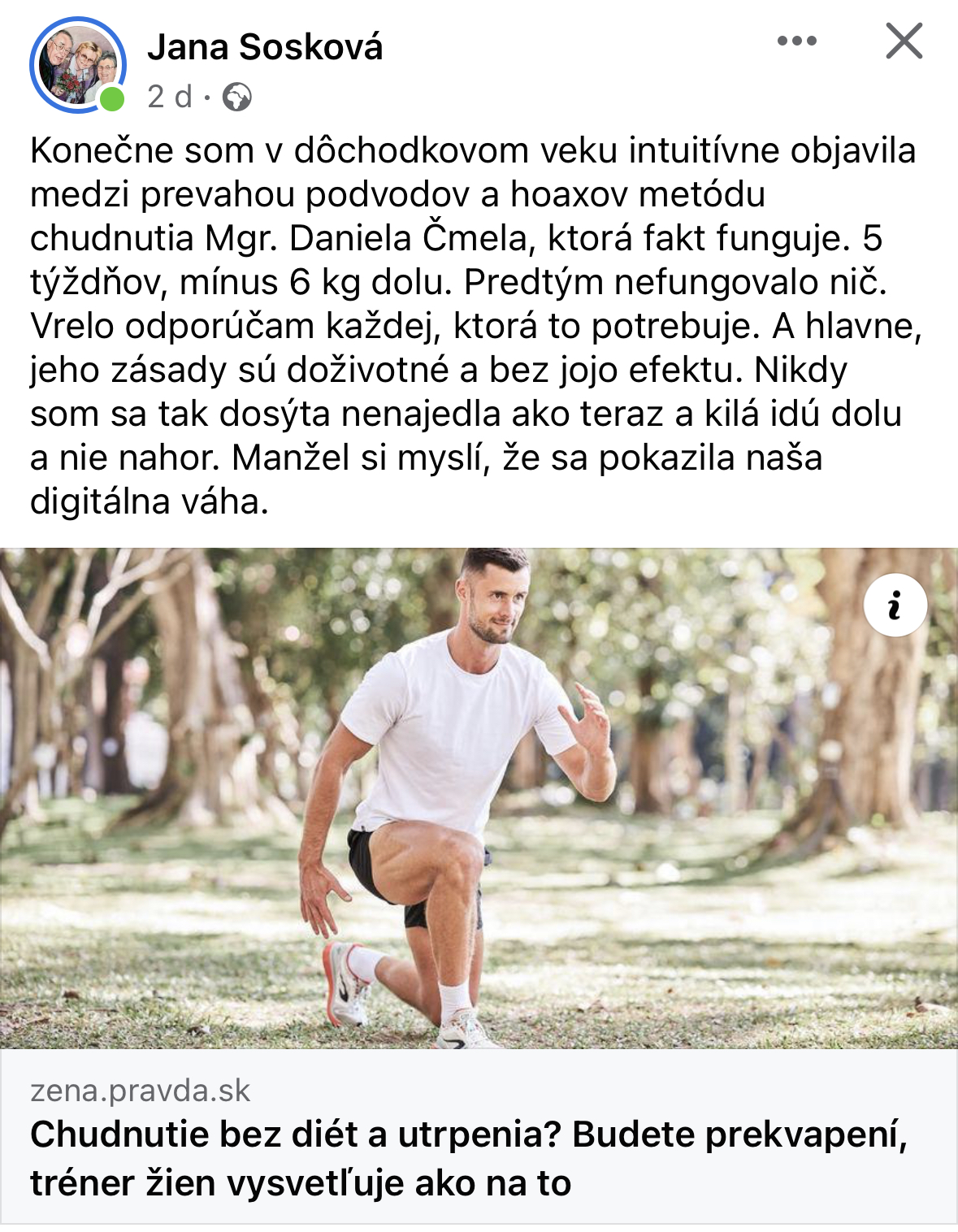 Referencia klientky Jana Sosková — originálny screenshot správy
