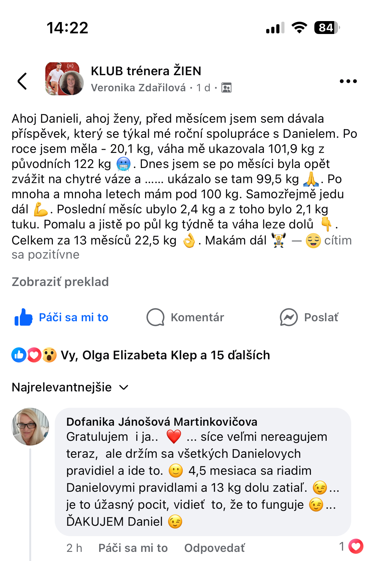 Referencia klientky Veronika Zdařilová — originálny screenshot správy
