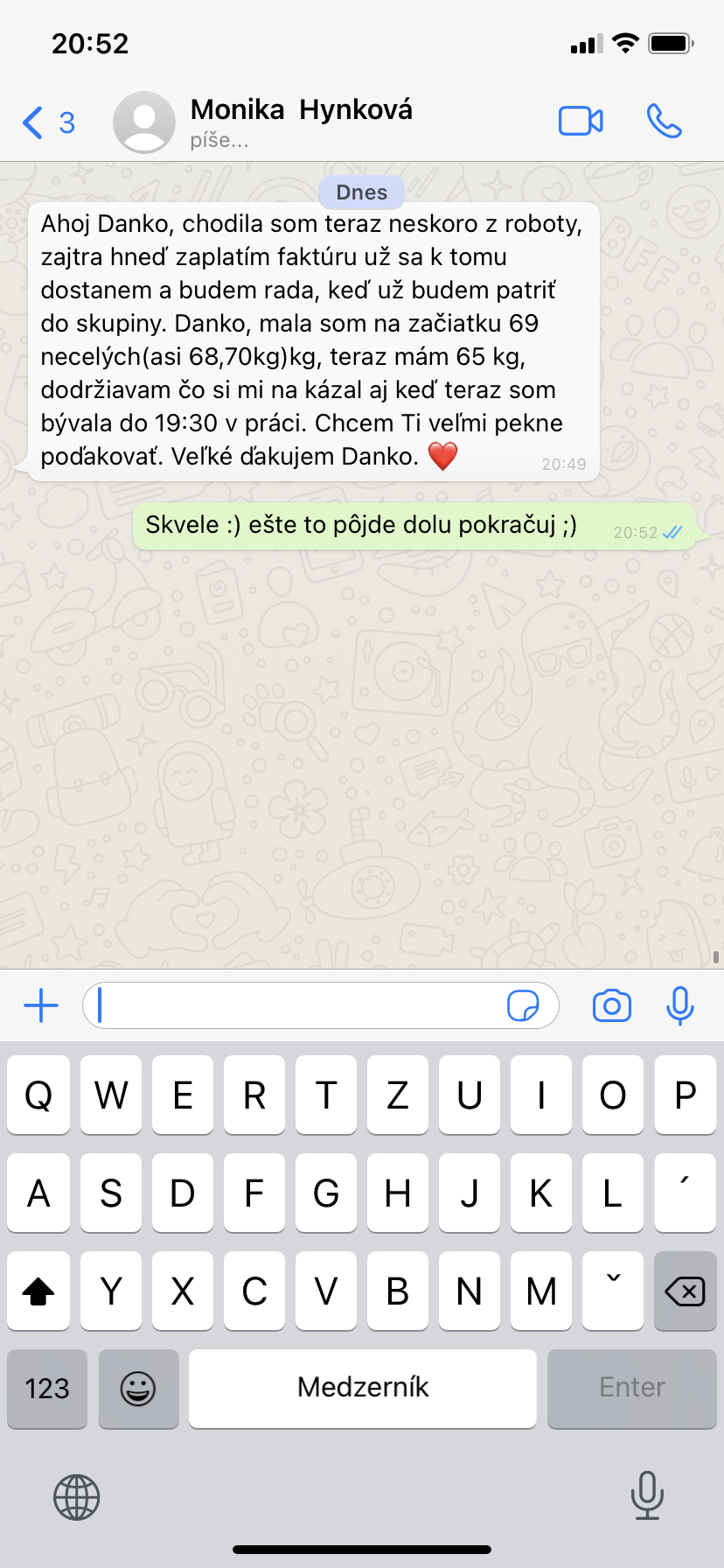 Referencia klientky Monika Hynková — originálny screenshot správy