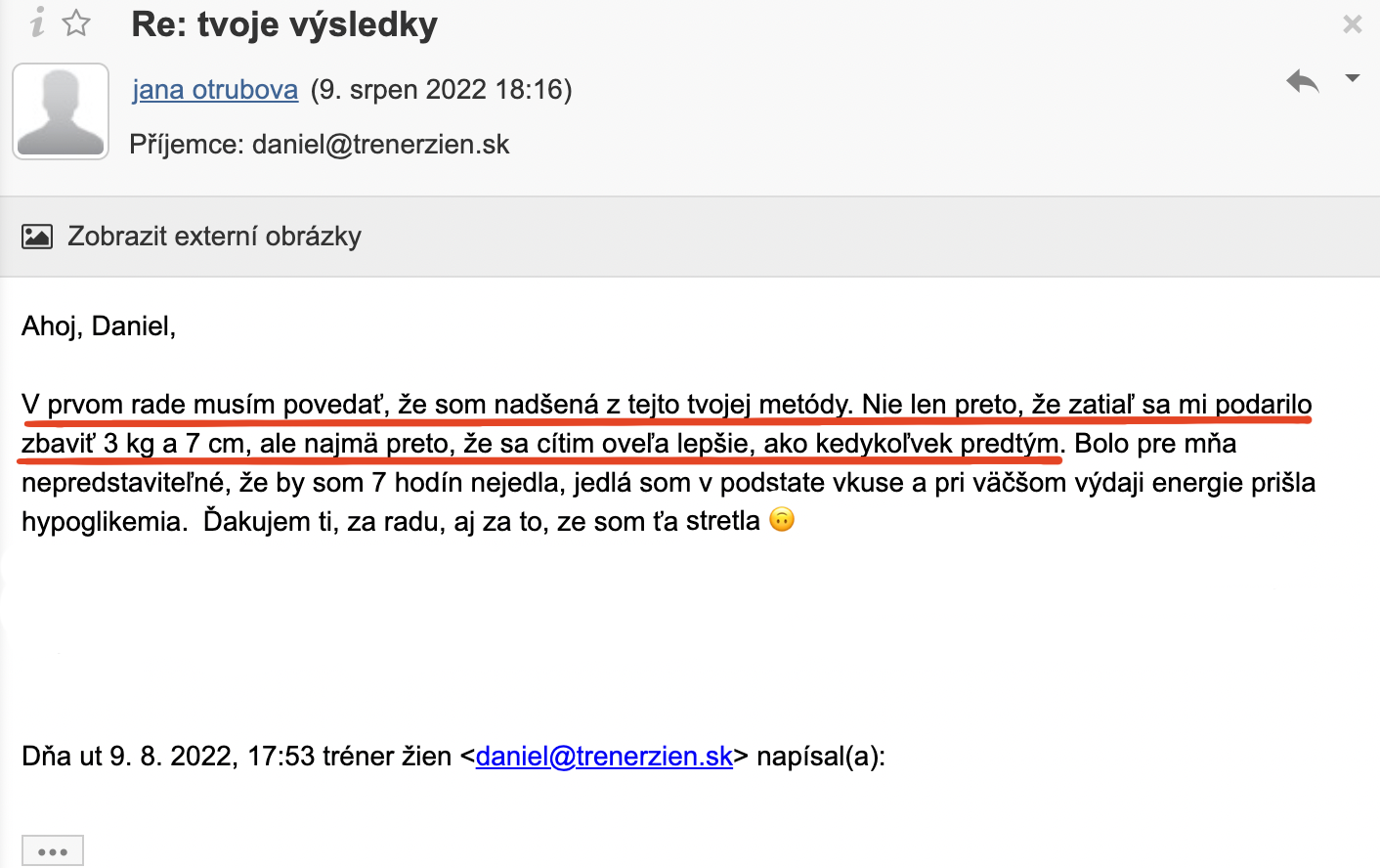 Referencia klientky Jana Otrubová — originálny screenshot správy