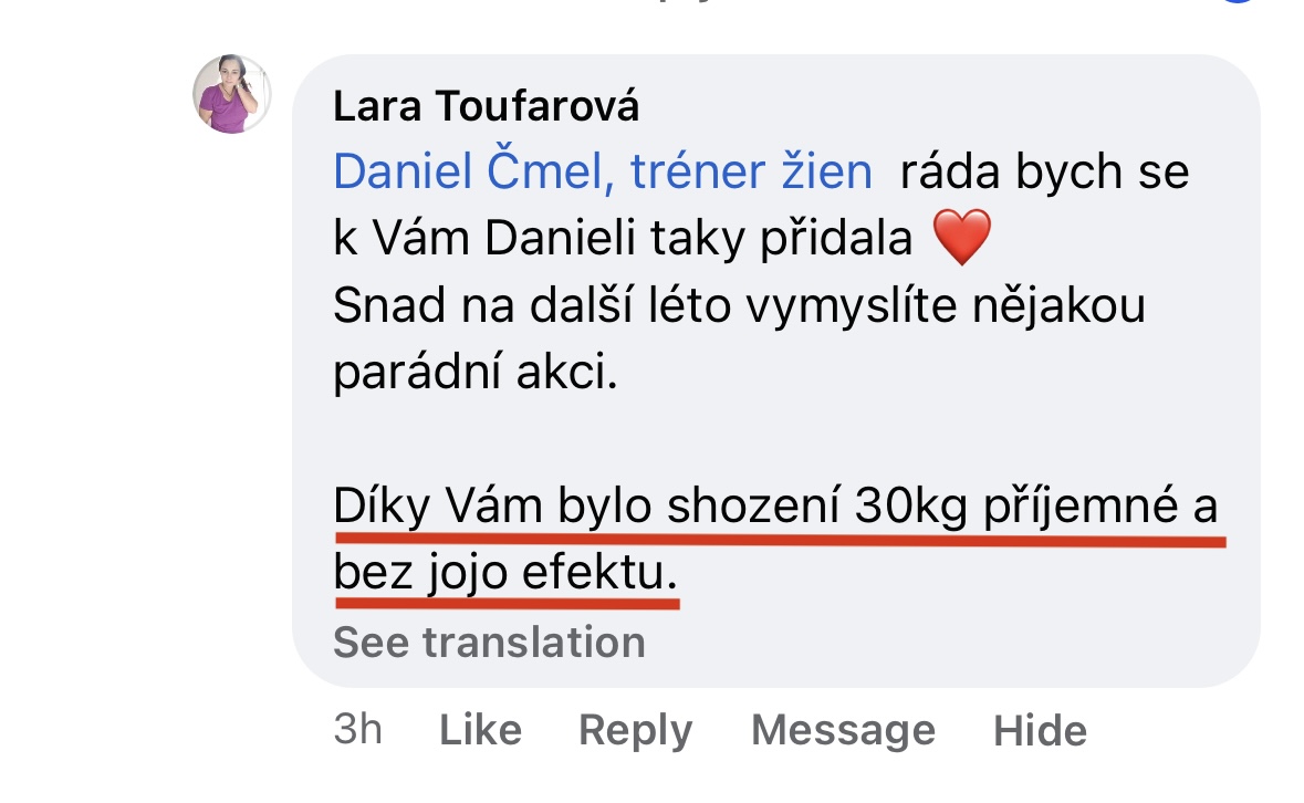 Referencia klientky Lara Toufarová — originálny screenshot správy