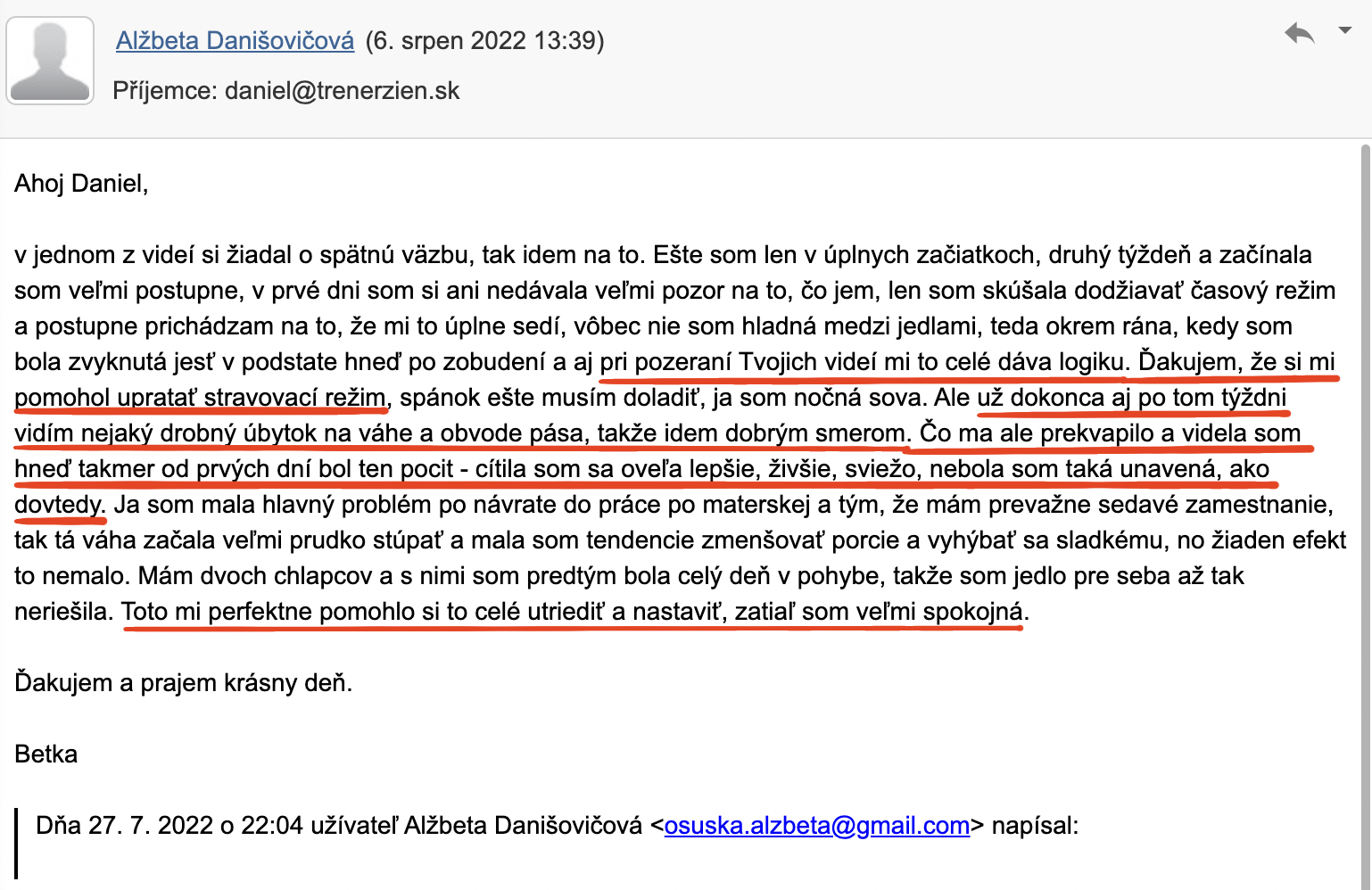 Referencia klientky Alžbeta Danišovičová — originálny screenshot správy