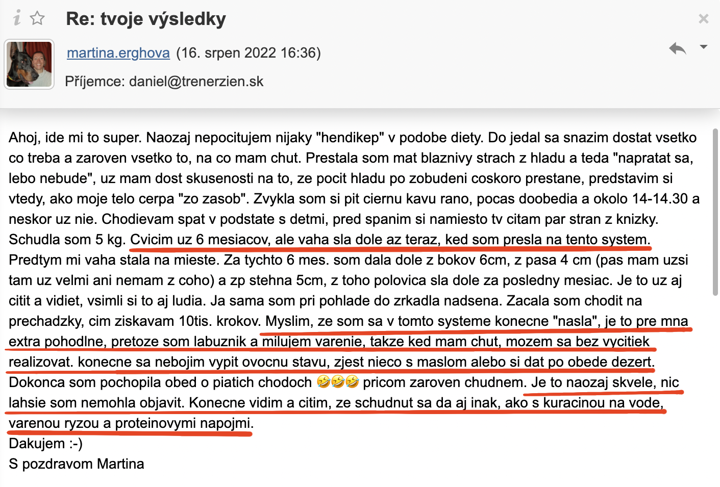 Referencia klientky Martina Erghová — originálny screenshot správy