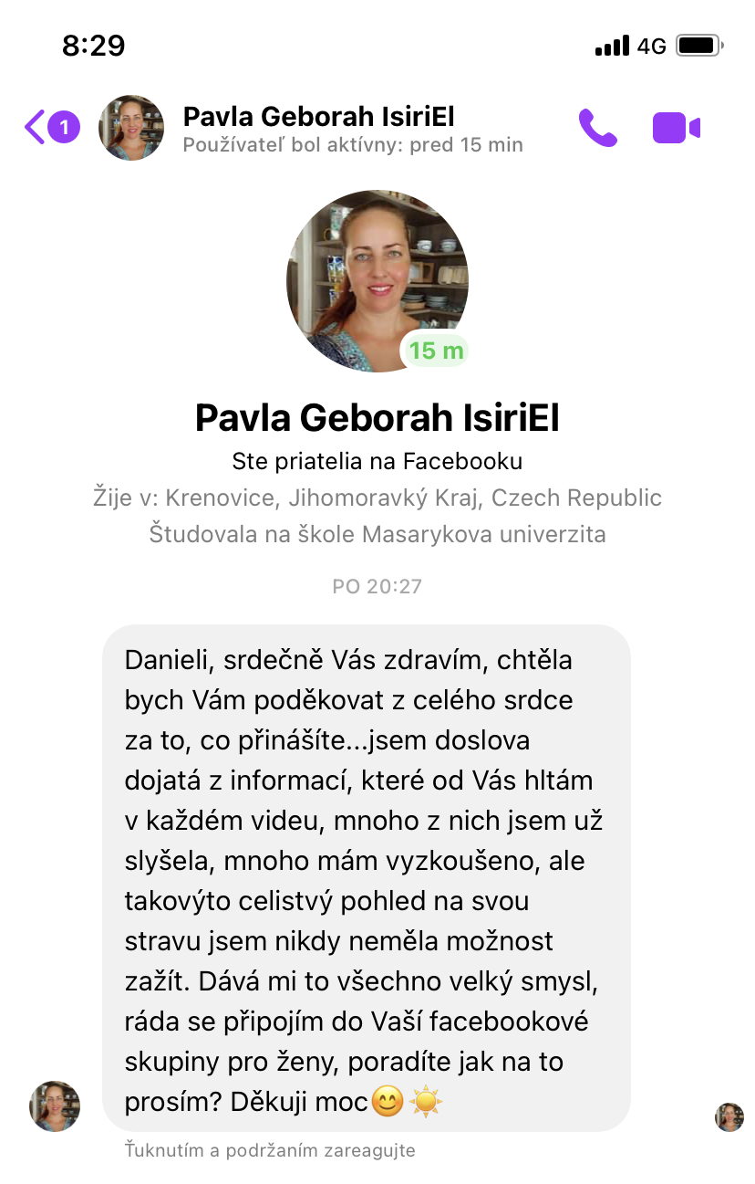 Referencia klientky Pavla Geborah — originálny screenshot správy