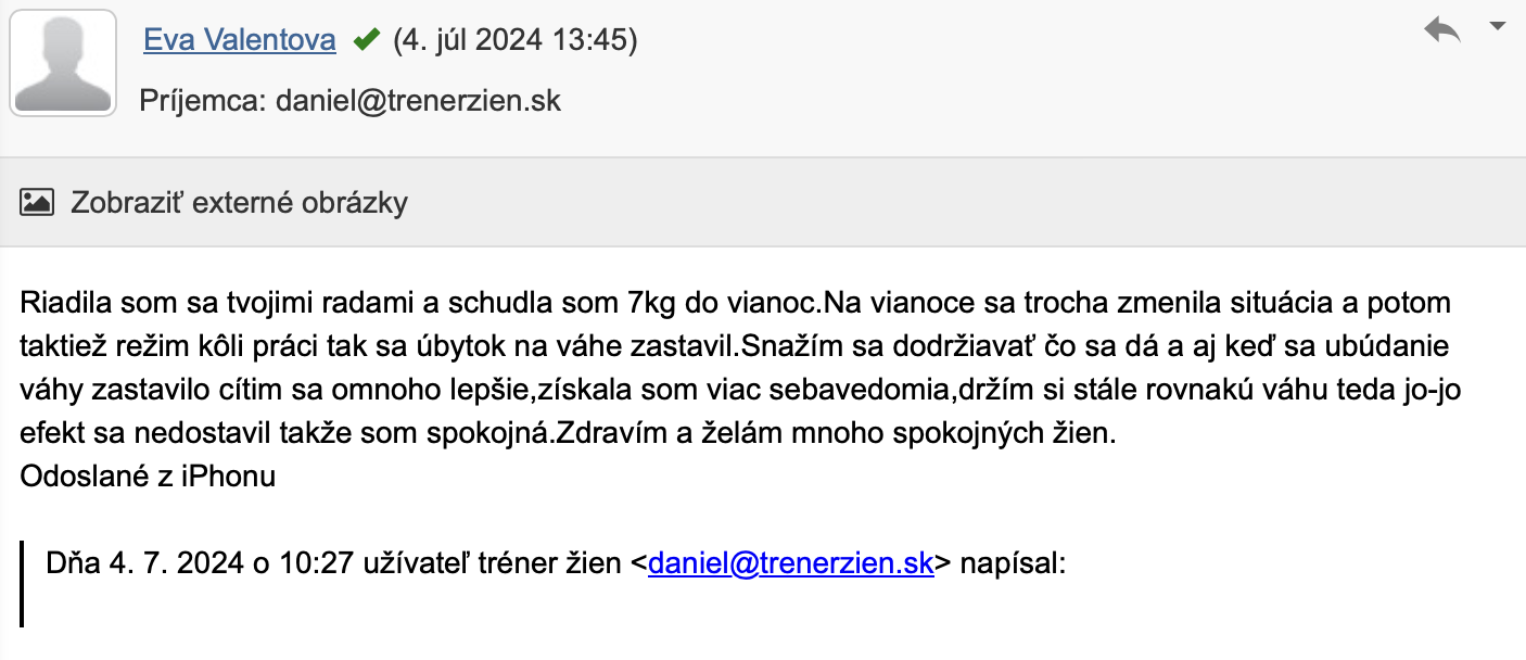 Referencia klientky Eva Valentová — originálny screenshot správy