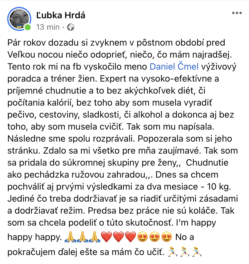 Referencia klientky Ľubka Hrdá — originálny screenshot správy